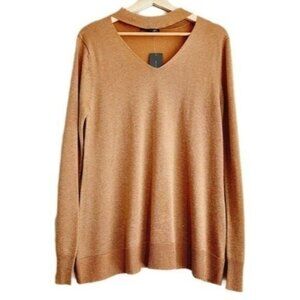 SUZY SHIER / NEW Sparkly Lurex V-neck Fine Knit Sweater Golden Warm Tan Sz L